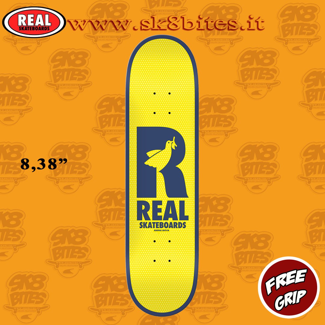 Real Skateboard Complete Doves Renewal Yellow//Navy 8.38/" x 32.25/"